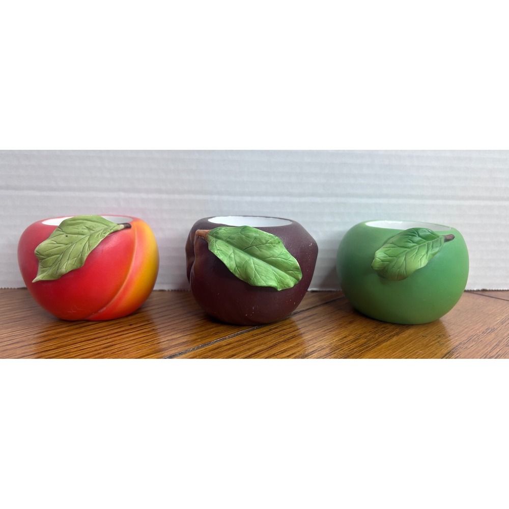 Partylite Ceramic Fruit Tealight Candle Holder Set Peach Plum Green Apple 3pc